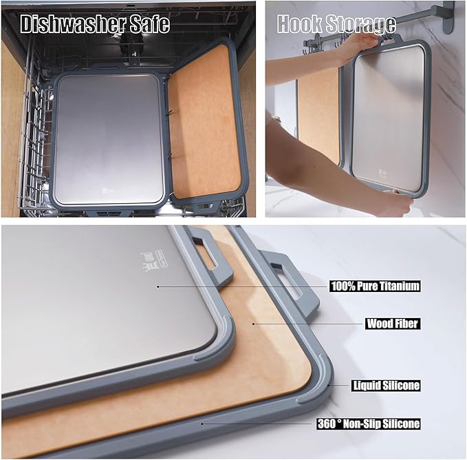 GUANCI Pure Titanium Cutting Board, Double Sided Cutting Board for Kitchen, Pure Titanium/Wood Fiber Composite with Juice Groove Dishwasher Safe 16"L x 11"W-HomvellaHome