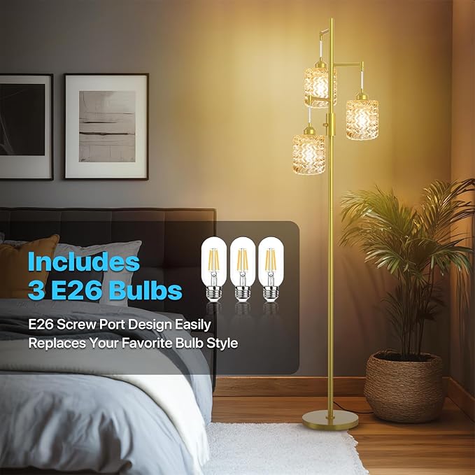 Gold Floor Lamp for Living Room Bedroom, 3-Light Vintage Standing Lamp Stained Glass, Mid Century Modern Tall Floor Lights, Amber Glass Shade with Golden Base-HomvellaHome