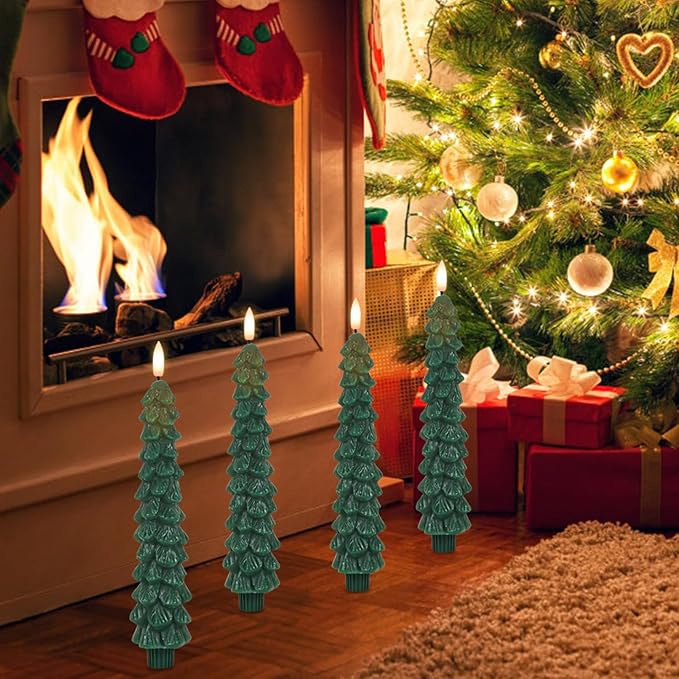 GenSwin Christmas Tree Flameless Taper Candles with Remote Timer, Christmas LED Taper Candles with 3D Flame, 4 Pcs Green LED Candlesticks for Christmas Home Decoration(0.78” x 9.8”)-HomvellaHome
