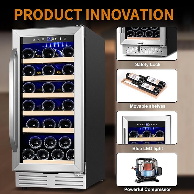 15 Inch Wine Fridge 32 Bottles Wine Cooler Refrigerator Undercounter Wine Fridge with Glass Door, LED Light, Removable Wooden Shelves, Built-in or Freestanding Wine Refrigerator for Home Office Bar-HomvellaHome
