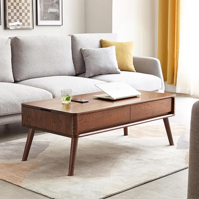 100% Solid Wood Lift Top Coffee Table for Living Room, Mid Century Modern Tables with Drawers and Large Storage, Oak Wood Coffee Tables for Small Spaces (Oak Walnut Color, 47.24"W x 23.62"D x 25.59"H)-HomvellaHome