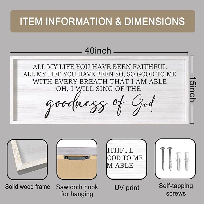 Goodness of God Framed Wall Art, 40''×15'' Positive Religious White Bible Verse for Christian God Jesus Christ Prayer, Vintage Rustic Long Holy Catholic Scripture Decor-HomvellaHome