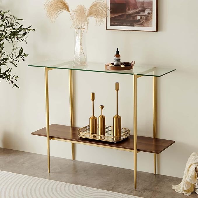 Glass Console Table for Living Room, Foyer & Entrance, 2-Tiers Mid-Century Modern Sofa Table with Clear Glass Top, Walnut Finish Wood Top and Gold Finish Metal Frame-HomvellaHome