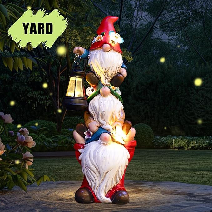 Garden Gnome Statue with Solar Lights Garden Sculptures Funny Triple Gnome Outdoor Patio Lawn Yard Balcony Garden Home Decor Birthday Gifts for Women Mom Grandma 12 in Fall Gnome-HomvellaHome