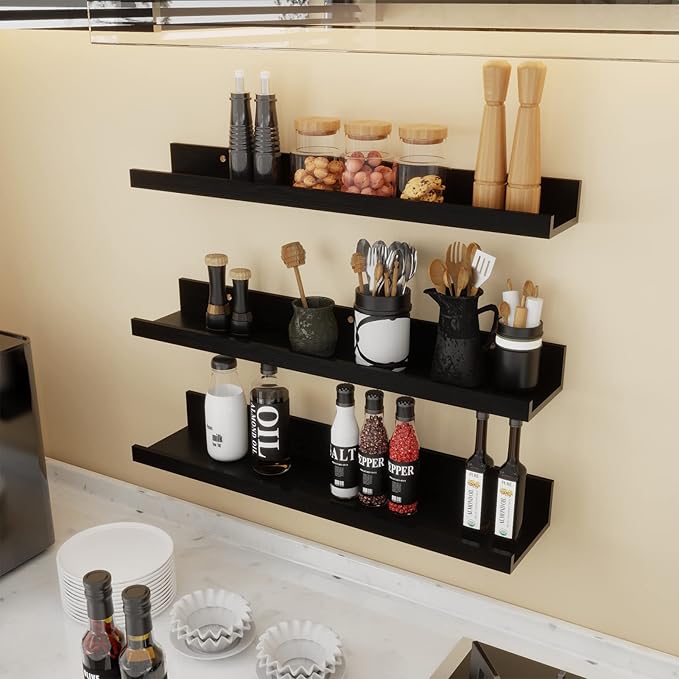 Giftgarden 24 Inch Black Floating Shelves Wall Mounted Woodgrain Picture Ledge Shelf for Storage Bedroom Bathroom Kitchen Living Room Office, Set of 3 Different Sizes-HomvellaHome