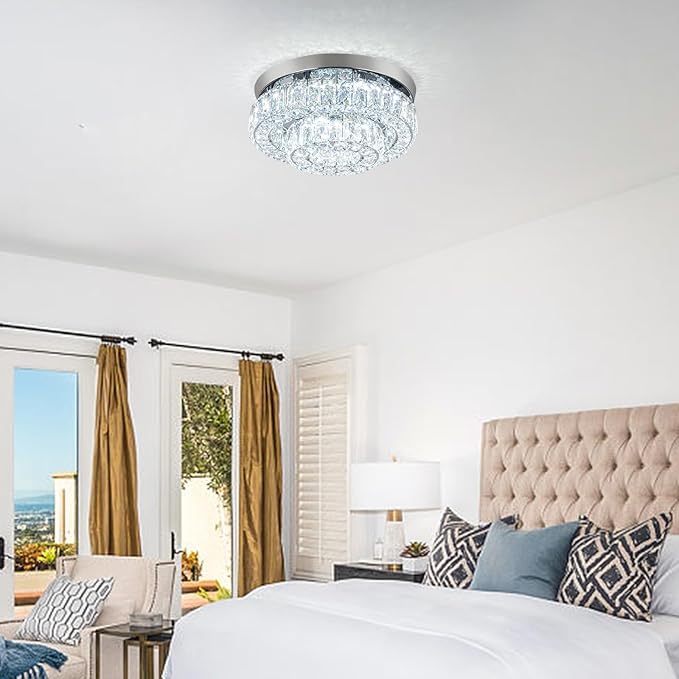 12 Inch Crystal Chandelier LED Ceiling Light 2 Tier Flush Mount Ceiling Light Fixtures Modern Chandelier Lighting for Hallway Bedroom Dining Room Kitchen (Cool White)-HomvellaHome