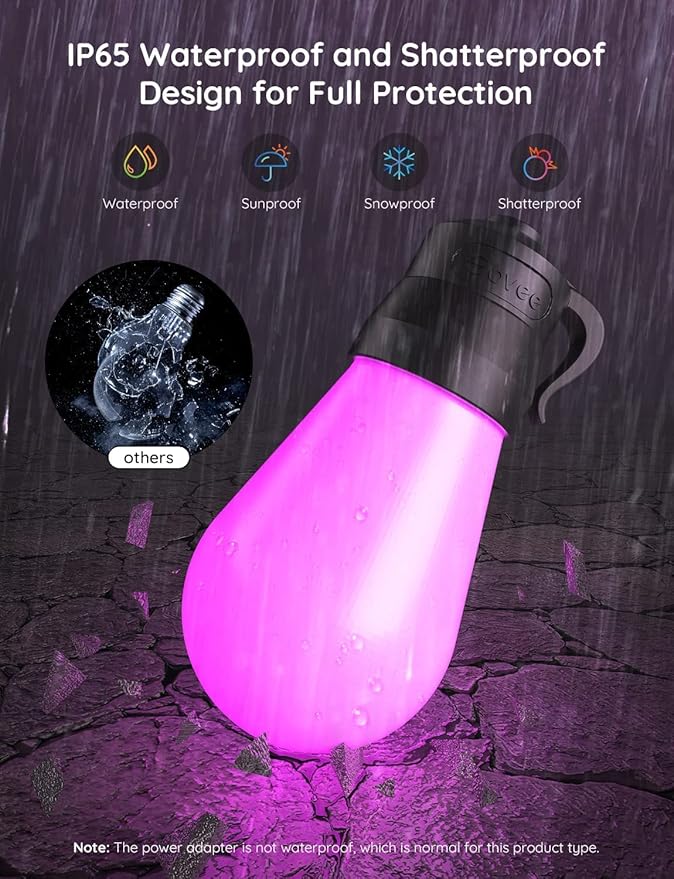 Govee Smart Outdoor String Lights H7016, 96ft RGBIC Outdoor Lights with 30 Dimmable LED Bulbs, IP65 Waterproof, Color Changing Warm White Lights with 47 Scene Modes for Patio, Backyard, App Control-HomvellaHome