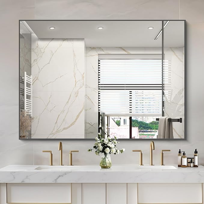 36x50inch Bathroom Mirror, Black Rectangle Mirrors with Thin Metal Frame, Large Rectangular Wall Mirror for Bathroom, Living Roomm, Hair Salon, Big Farmehouse Mirror Hang Horizontal/Vertical-HomvellaHome