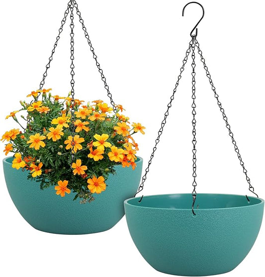 12 inch Large Hanging Planters for Indoor Outdoor Plants, 2 Pack Hanging Flower Plant Pots with Drainage Holes and Chain for Garden Porch, Plastic Hanging Baskets for House Plants, Blue Green-HomvellaHome
