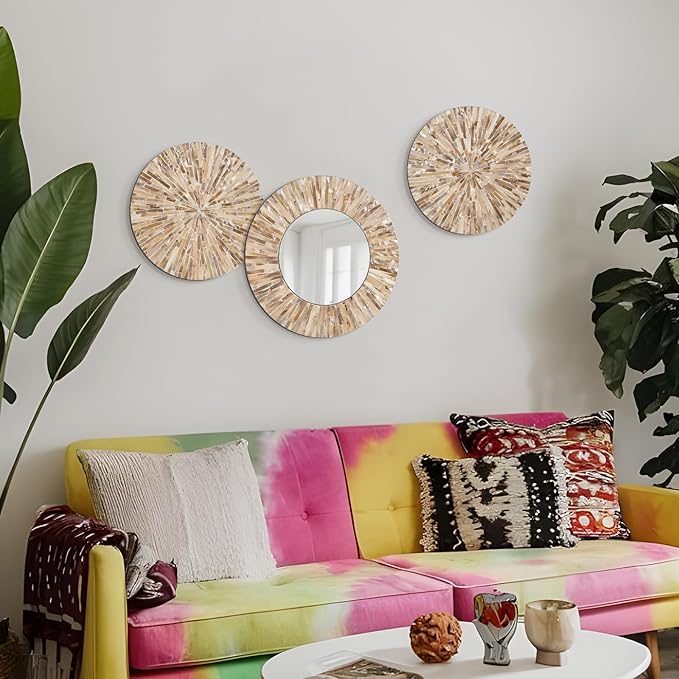 TEIPAI Boho Decorative Mirror for Living Room, 3PCS Handcrafted Mother of Pearl Mirror Wall Decor for Home Dorm Apartment Hallway Staircase, Mosaic Art Plates for Wedding Decoration (Dark Brown)-HomvellaHome