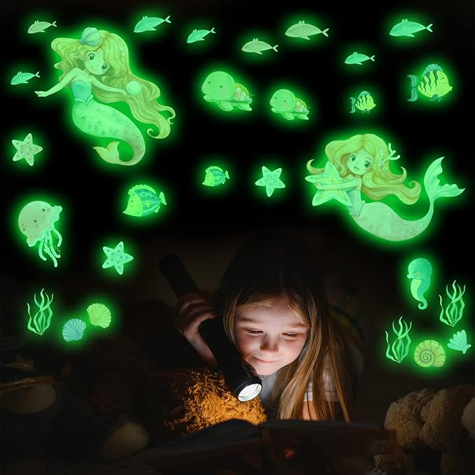 Glow in The Dark Stars Mermaid Wall Decals, Turtle Ocean Fish Stickers for Ceiling, DIY Wall Decor for Nursery Playroom Living Room, Birthday Christmas Gift-HomvellaHome