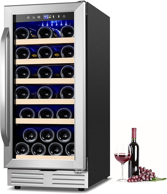 15 Inch Wine Fridge 32 Bottles Wine Cooler Refrigerator Undercounter Wine Fridge with Glass Door, LED Light, Removable Wooden Shelves, Built-in or Freestanding Wine Refrigerator for Home Office Bar-HomvellaHome