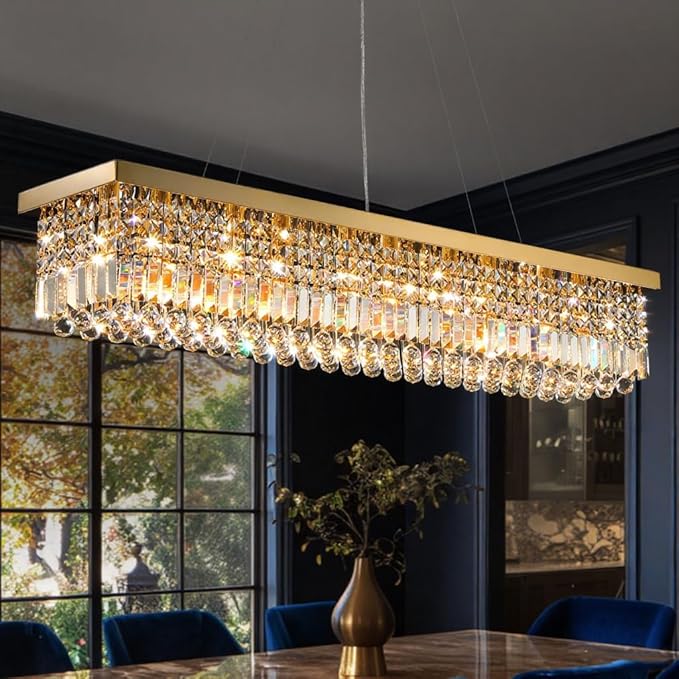 10 Lights Modern Crystal Chandelier, Gold K9 Rectangle Rectangular Chandeliers,Luxury Flush Mount Pendant Ceiling Light for Dining Room Kitchen Island L47''xW10''xH10''-HomvellaHome