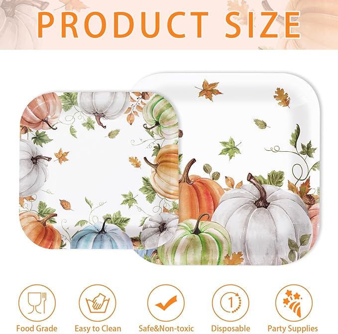 Grencian 200Pcs Fall Plates and Napkins Square Autumn Pumpkin Plates Thanksgiving Paper Platter Tableware Sets for Thanksgiving Harvest Party Decorations, Serves 50-HomvellaHome