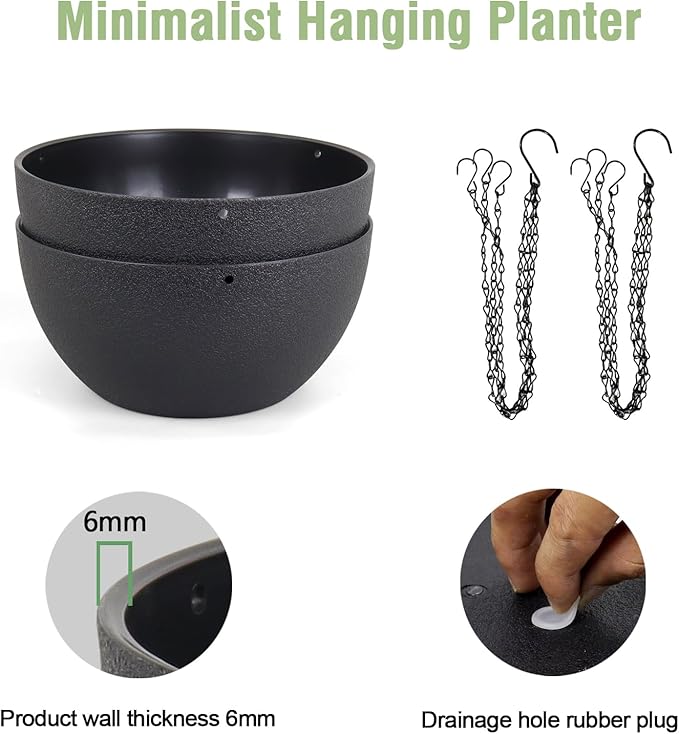10 inch Hanging Planters for Indoor Outdoor Plants, 2 Pack Hanging Flower Pots with Drainage Holes and Chain for Garden Porch Plants, Round Plastic Hanging Baskets for House Plants, Black-HomvellaHome