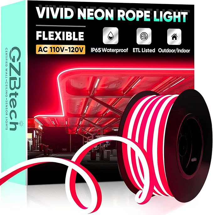 GZBtech Flexible LED Neon Rope Lights 16.4FT,AC 110-120V Waterproof Strip Light, 120LEDs/M Cuttable Connectable Neon Lighting for Indoor Outdoor Home Decor/Commercial Building Use-Red 5M-HomvellaHome