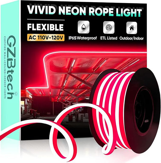 GZBtech Flexible LED Neon Rope Lights 16.4FT,AC 110-120V Waterproof Strip Light, 120LEDs/M Cuttable Connectable Neon Lighting for Indoor Outdoor Home Decor/Commercial Building Use-Red 5M-HomvellaHome