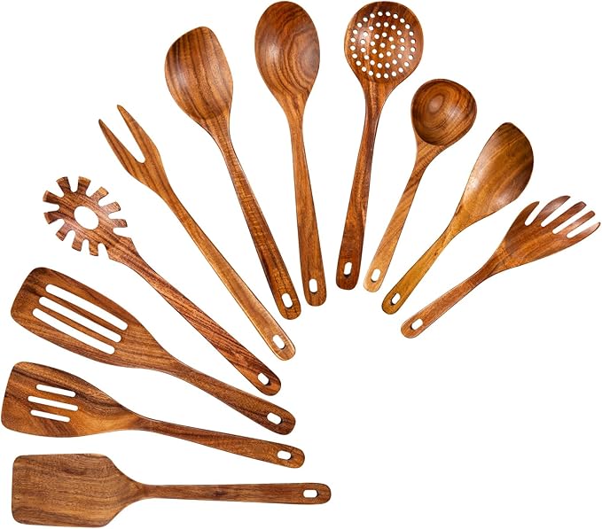 GUDAMAYE 11 PCE Wooden Spoons for Cooking, Wooden Kitchen Utensils Set,Wooden Cooking Utensils,Natural Teak Wooden Spoons For Non-stick Pan-HomvellaHome