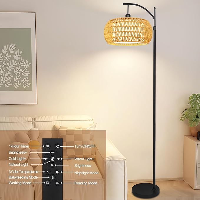 Arc Floor Lamps for Living Room Rattan Boho Floor Lamp with Remote Control,Dimmable LED Floor Lamp Wicker Lamp Shades Black Standing Lamp with 3 Color Temperature Tall Floor Lamps For Bedroom Corner-HomvellaHome