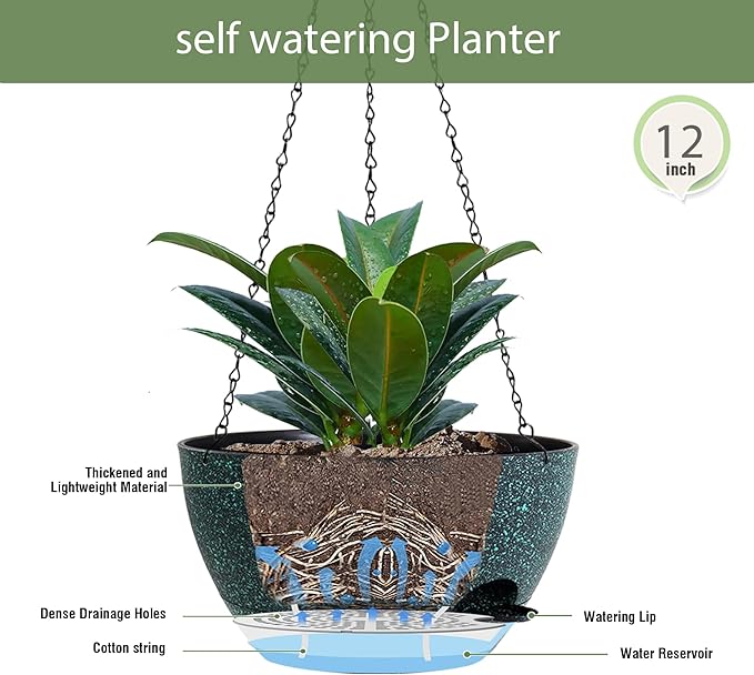 12 Inch Hanging Baskets 2 PC with Chains, Self-Watering Hanging Planters for Indoor Outdoor Plants, Plastic Hanging Flower Pots, Black with Green Speckles-HomvellaHome
