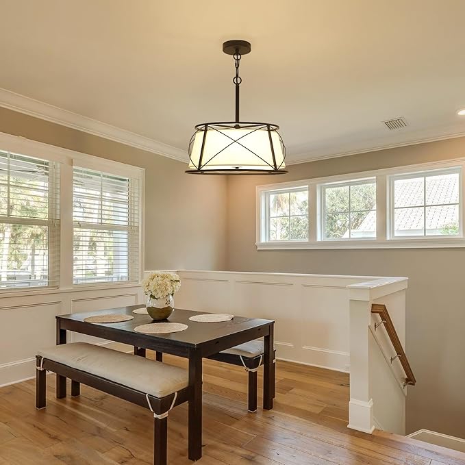 15.7" Black Drum Chandelier,3-Light Modern Farmhouse Chandelier,White Fabric Drum Shade Pendant Light Fixture for Dining Room Kitchen Island Bedroom Entryway-HomvellaHome