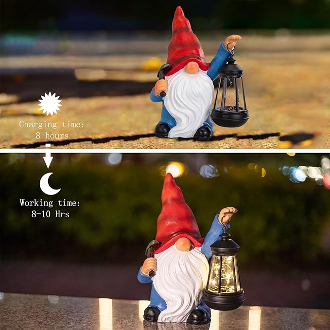 Garden Gnome Statue Solar Light Outdoor Decorations Figurine with Lantern Led Shovel Sculpture Lawn Patio Yard Porch Outside Christmas Housewarming Gifts for Women Mother's Day Grandma-HomvellaHome