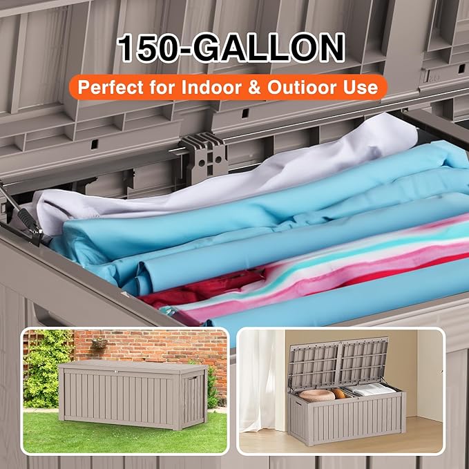 150 Gallon Outdoor Storage Cabinet, Large Outdoor Storage Box for Patio Furniture Covers, Cushion Pillows, Waterproof Deck Box with Lockable Lid for Garden Tools, Pool Accessories, Taupe-HomvellaHome