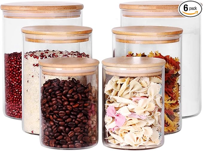 Glass flour Jars with Airtight Lids, 6 Pack Sugar and Flour Salt Containers Set, Extra Large Glass Rice Jar with Bamboo lid for Kitchen, Brown Suger, Beans, Groub Coffee (100OZ/54OZ/27OZ)-HomvellaHome