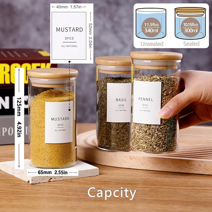 12 Pcs Glass Spice Jars With Bamboo Airtight Lids, 10oz Thicken(2.4mm) Spice Containers With 148 Minimalist Preprinted Waterproof Spice Labels, Kitchen Empty Small Storage Jars For Seasoning, Herb-HomvellaHome