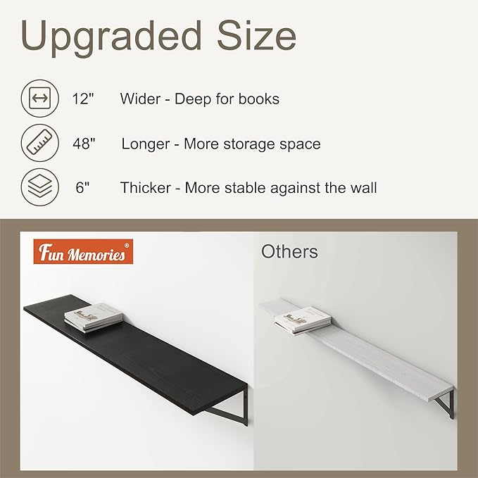 12 Inch Deep Floating Shelves, Black Floating Shelves 48W x 12D, Deep Wall Shelves Bracket Set of 2, Large Display Hanging Floating Shelf for Bathroom, Living Room, Wide Storage Wooden Wall Shelf-HomvellaHome