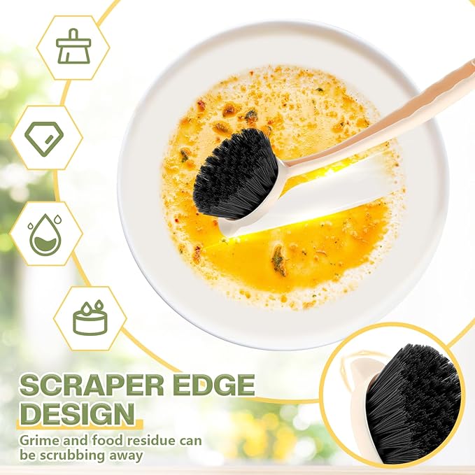 16 Pack Dish Brush with Handle Dish Scrubber Brush with Built-in Scraper Kitchen Scrub with Stiff Bristles Long Scrubber for Home Restaurant Pot Sink Washing Cleaning Supplies, Beige-HomvellaHome
