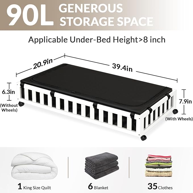 2 Pack Bamboo Under Bed Storage with Wheels, 39”x20”x7.8” Lager Under Bed Storage Containers (White)-HomvellaHome