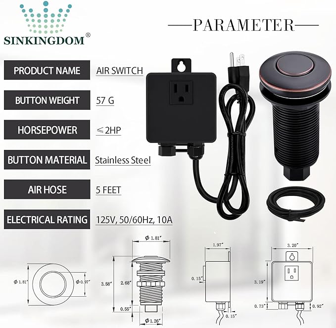 Garbage Disposal SinkTop Air Switch Kit with Long Button,Brass Made Cover,Oil Rubbed Bronze-HomvellaHome