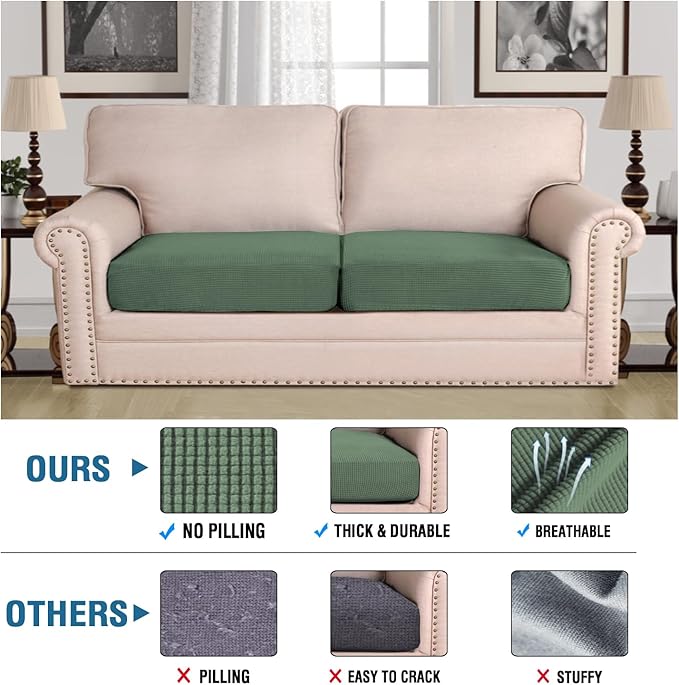 H.VERSAILTEX Super Stretch Individual Seat Cushion Covers Sofa Covers Couch Cushion Covers Slipcover Sets Thick Jacquard Textured Twill Fabric (2 Piece Large Sofa Cushion Covers, Loden Frost)-HomvellaHome