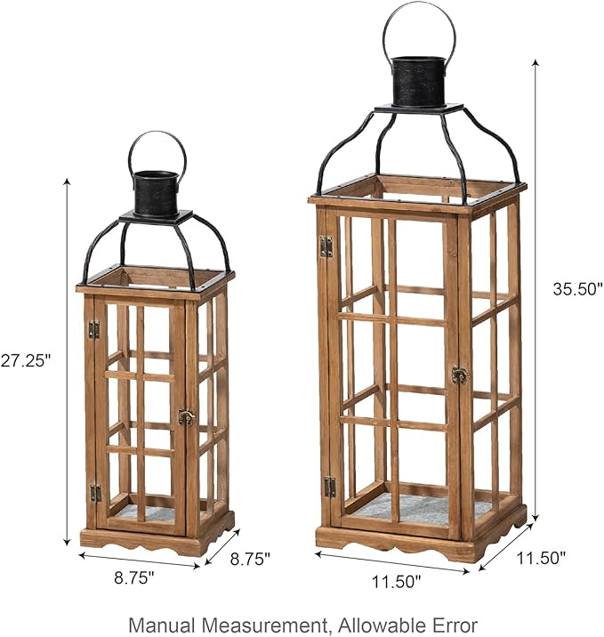 Glitzhome Set of 2 Oversized Farmhouse Wood Lanterns with Metal Top Decorative Hanging Candle Lanterns for Home Décor, Natural (No Glass)-HomvellaHome