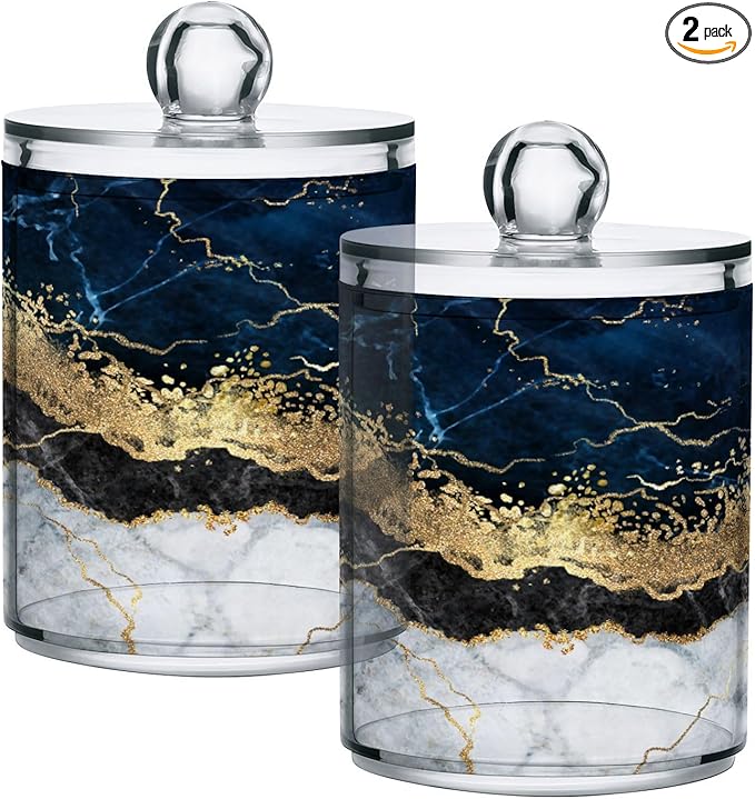 2 Pack Qtip Holder Dispenser Navy Blue Marble Bathroom Storage Canister Lid Acrylic Plastic Apothecary Jar Set Vanity Makeup Organizer for Cotton Swabs/Pads/Floss-HomvellaHome