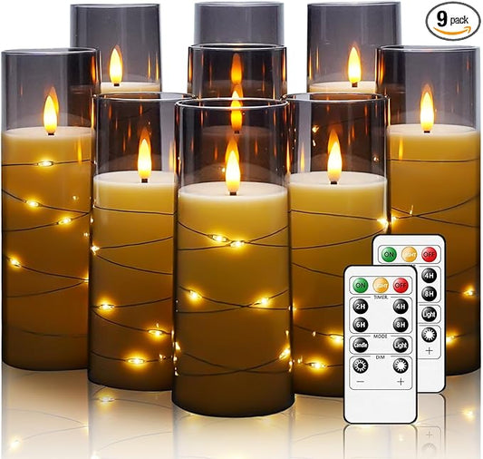 Flickering Flameless LED Candles, 9 Pcs with Embedded Star String, Acrylic LED Pillar Candles with Remote, Suitable for Home Decoration (Grey)