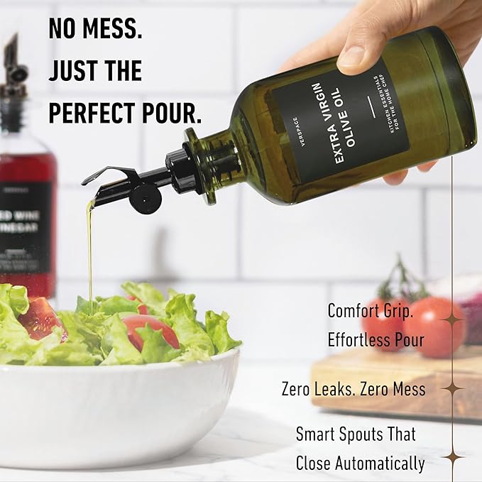 Green Glass Olive Oil Dispenser Bottle For Kitchen By Verpsace,Avocado Oil Dispenser Set, Modern Decor, Gold Kitchen Accessories for Home, Airbnb, Cafe (Black, Set of 2)-HomvellaHome