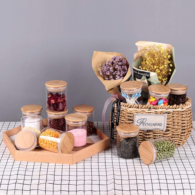 Glass Jars Set,Upgrade Spice Jars with Wood Airtight Lids and Labels, 6oz 12 Piece Small Food Storage Containers for Home Kitchen, Tea, Herbs, Sugar, Salt, Coffee, Flour, Herbs, Grains…-HomvellaHome