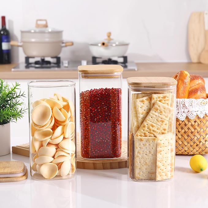 Glass Food Storage Jars with Lids(50oz)Square Set of 3 ,Glass Storage Containers Clear Glass Food Canister with Bamboo Lid Airtight For Serving Tea, Coffee Beans, Flour,Cookie, Cereal,Spice and More-HomvellaHome