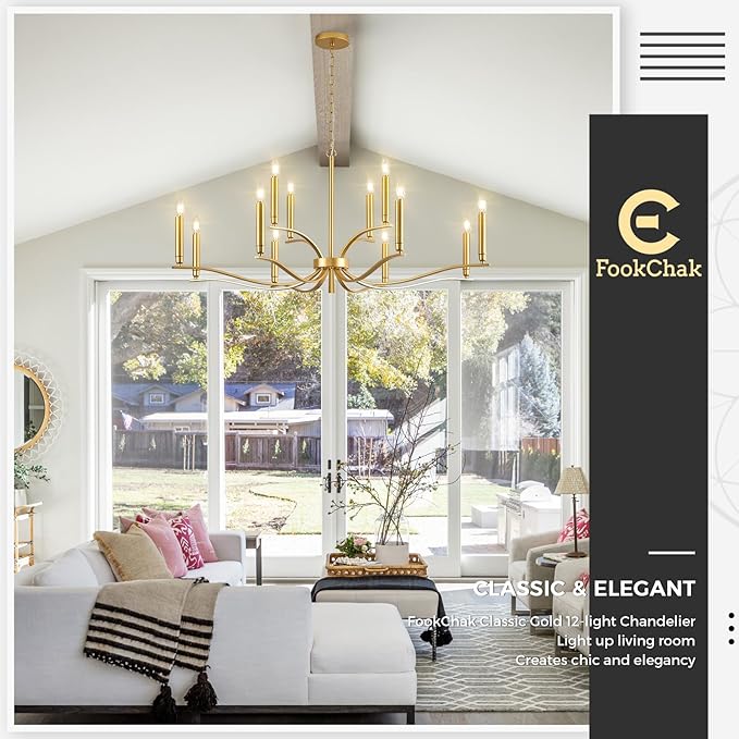 12 Light Gold Living Room Chandelier High Ceiling Foyer Candle Chandelier Large Modern Brass 44in Metal Chandeliers Hanging Light for Master Bedroom Dining Room Light Fixture Over Table-HomvellaHome