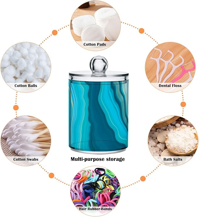 2 Pack Qtip Holder Dispenser Teal Turquoise Blue Marble Bathroom Storage Canister Lid Acrylic Plastic Apothecary Jar Set Vanity Makeup Organizer for Cotton Swab/Ball/Round Pads, Floss-HomvellaHome