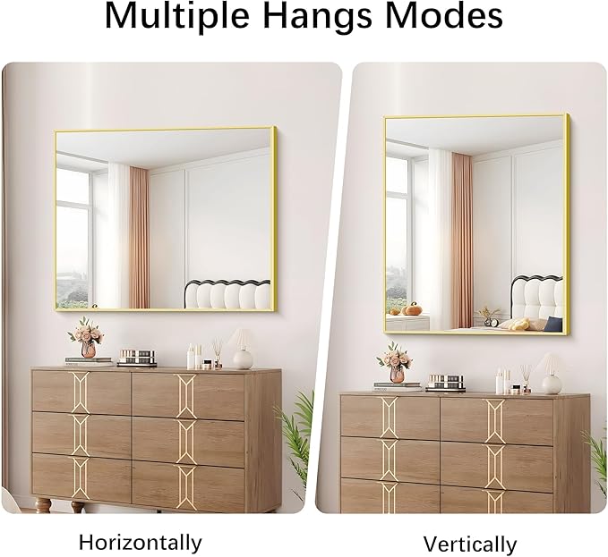 Gold Bathroom Mirror for Wall, 30x36 Inch Rectangle with Metal Frame, Modern Vanity for Bathroom Living Room, Entryway Hangs Horizontal or Vertical-HomvellaHome