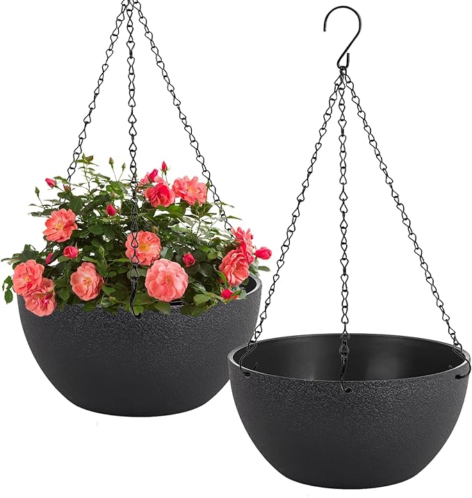 10 inch Hanging Planters for Indoor Plants, 2 Pack Planters for Outdoor Plants with Drainage Holes and Chain, Round Plastic Hanging Baskets, Hanging Flower Pots for Balcony Garden Decor-Black-HomvellaHome