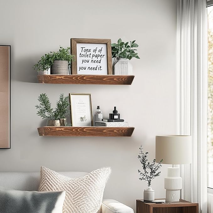16"x6.8"x1.6" Slanted Floating Wall Shelves 2-Pack - Rustic Brown Finish, Heavy-Duty Solid Wood Design with Hidden Brackets - Perfect for Living Room, Kitchen, Bathroom, or Office-HomvellaHome