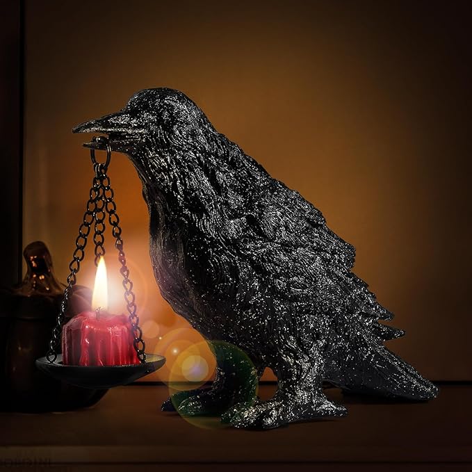 Gothic Crow Lamp Tealight Candle Holder Raven Statue for Indoor Outdoor Decor Halloween Garden Resin Statue Black Stone-HomvellaHome