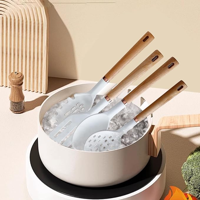 13-Piece silicone utensil set wood handle nonstick cookware safe dishwasher safe kitchen tools BPA free heat resistant (450°F/230°C) ceramic pan safe cooking gifts housewarming (White)-HomvellaHome