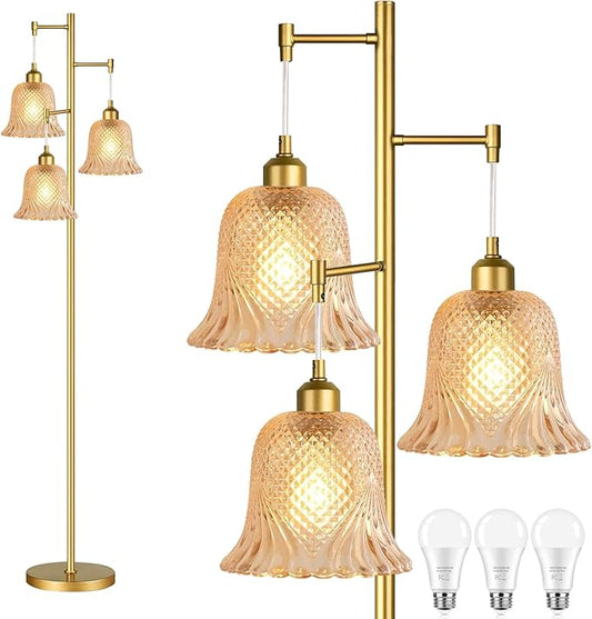 Gold Floor Lamp for Living Room,Bedroom,Tree 3 Light Standing Lamp Mid Century Modern Brass Tall Floor Lamps Vintage Retro Floor Lights Glass Green Flower Lamp Shade Farmhouse Boho Bohemian-HomvellaHome