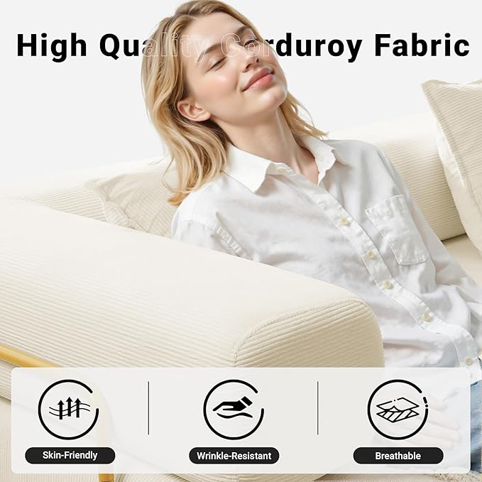 108" Oversized Convertible Sleeper Sofa Bed, Corduroy L Shape Sectional Couch, Folding Sofa Bed with Side Pocket, Modern Cloud Floor Mattress Couch, Modular Sofa for Living Room, Beige-HomvellaHome