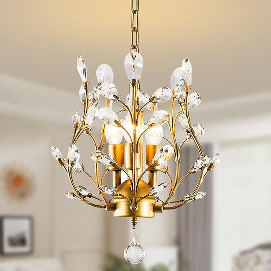 Ganeed Crystal Chandeliers,K9 Crystal Pendant Light with 3-Light Chandelier Lighting Fixtures,Ceiling Light for Living Room Bedroom Restaurant Hallway (Gold)-HomvellaHome